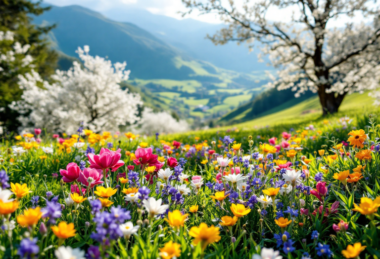Paesaggio primaverile del Ticino con fiori colorati