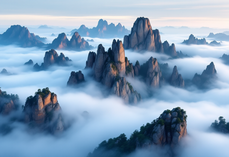 Panorama delle vette di Huangshan tra le nuvole