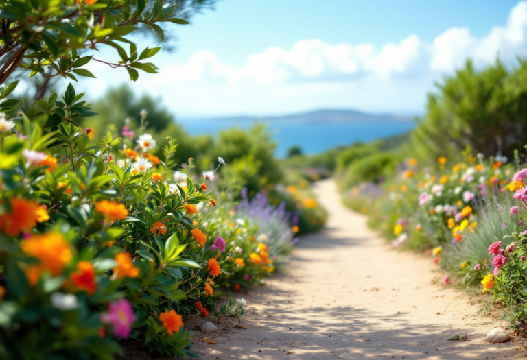 Panorama delle Isole Baleari in primavera con fiori e mare