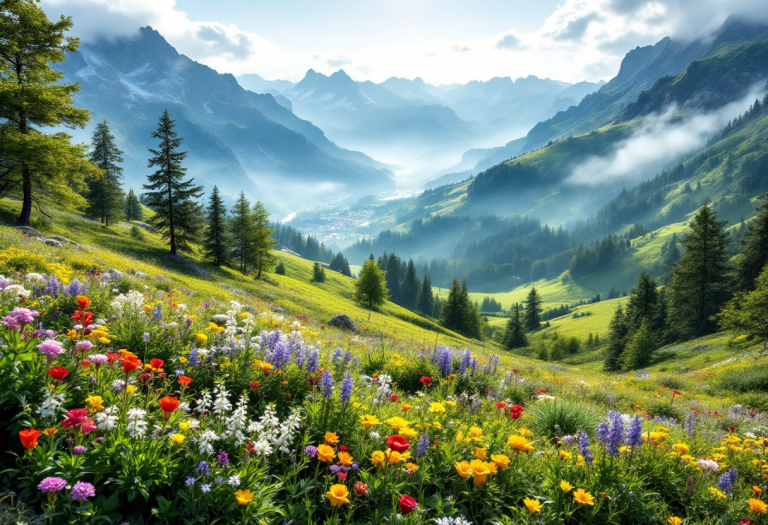 Panorama delle montagne italiane fiorite in primavera