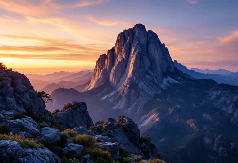 Vista panoramica di una montagna sacra al tramonto