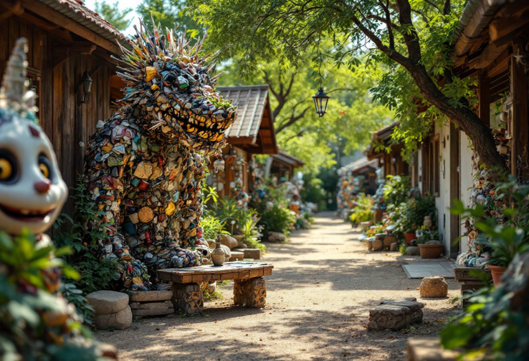 Immagine del villaggio Mutonia con opere d'arte riciclate