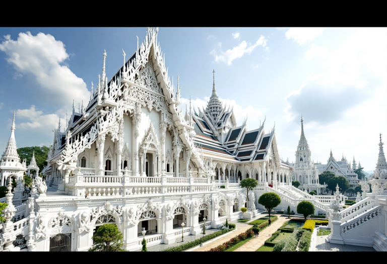 Vista del Tempio Bianco di Wat Rong Khun in Thailandia