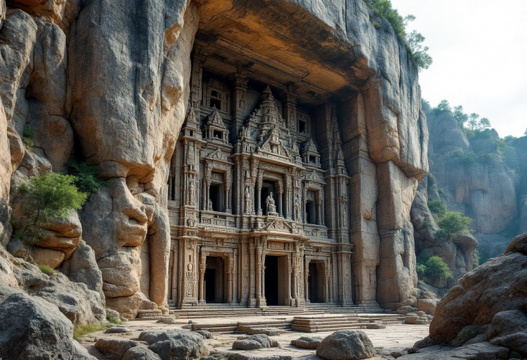 Vista del Tempio di Kailasa, un'opera monolitica in India