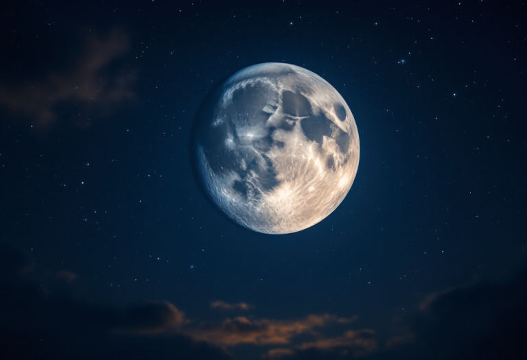 Luna piena e Spica brillano nel cielo notturno
