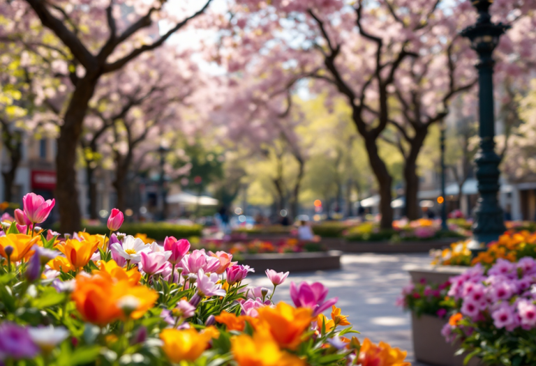 Vista di Barcellona in primavera con fiori e architettura