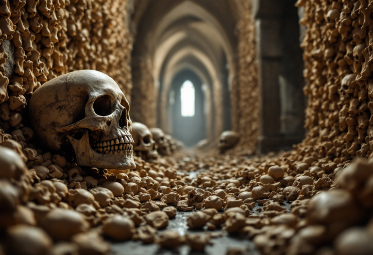 Interno della cappella delle ossa di Évora con teschi