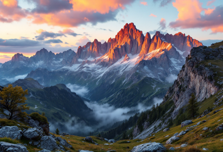 Vista delle Dolomiti durante il fenomeno dell'Enrosadira