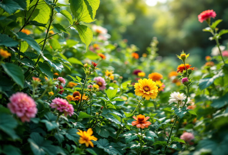 Un giardino incantevole con fiori e arte