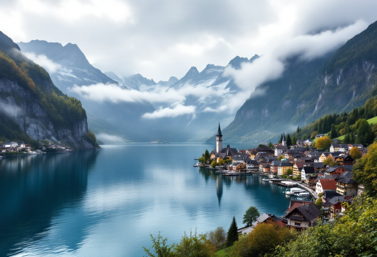 Vista panoramica di Hallstatt, Austria, con montagne e lago