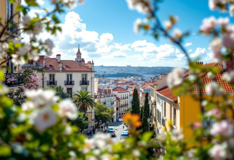 Vista panoramica di Lisbona in primavera con fiori