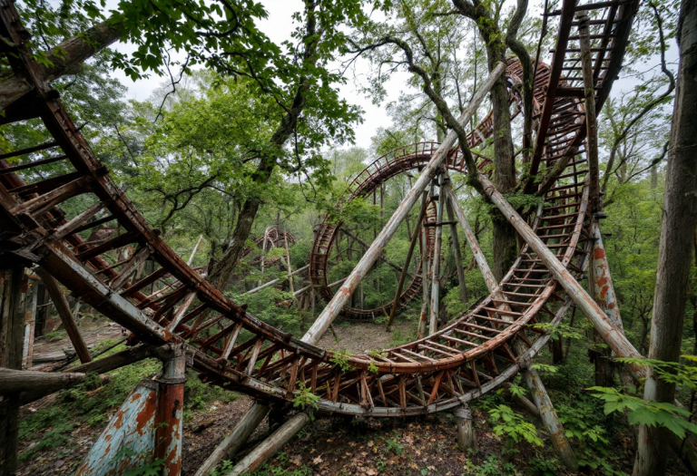 Immagine di un luna park abbandonato con giostre arrugginite