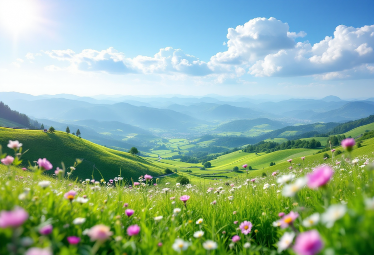 Paesaggio primaverile con fiori e monumenti storici