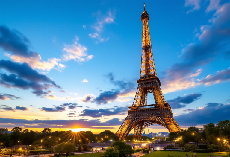 Vista della Torre Eiffel a Parigi durante il tramonto