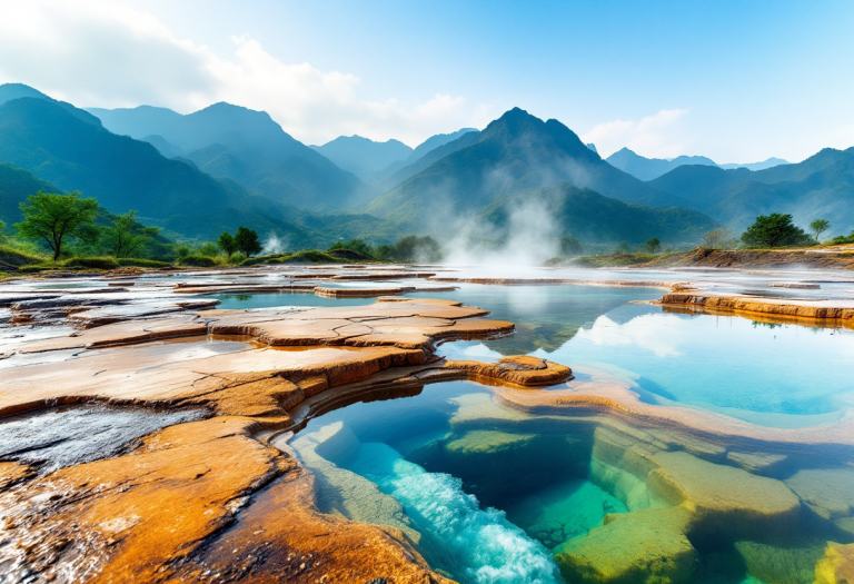 Panorama delle terme nella Huanglong Valley in Cina