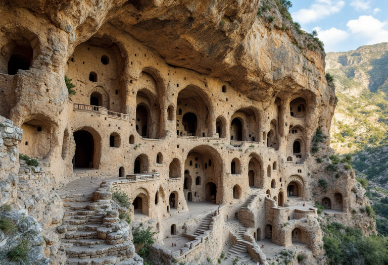 Vista panoramica della città rupestre di Vardzia in Georgia