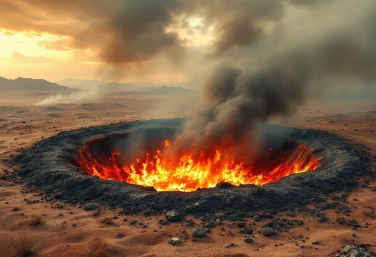 Vista della Porta dell'Inferno, cratere infuocato in Turkmenistan