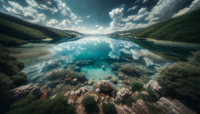 Panorama di un lago tranquillo in Toscana circondato da natura