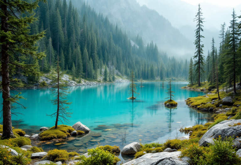 Vista panoramica del lago Kaindy con alberi sommersi