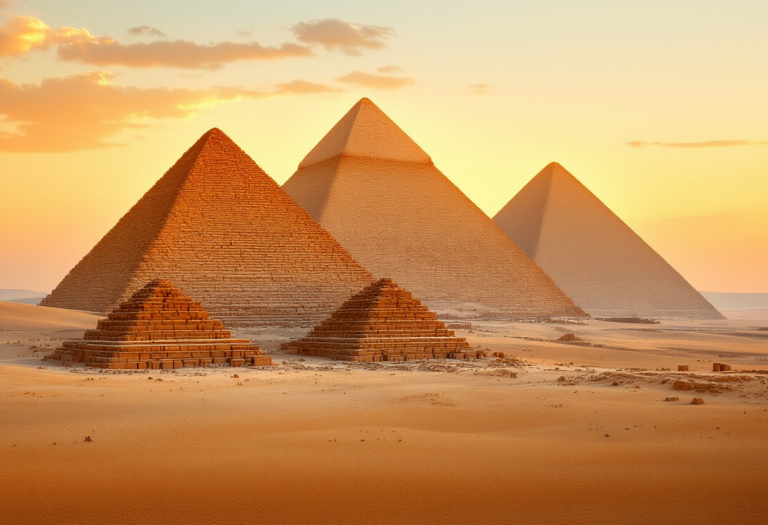 Vista panoramica delle Piramidi di Giza al tramonto