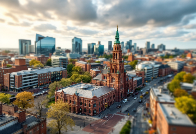 Vista panoramica di Manchester con i suoi monumenti iconici
