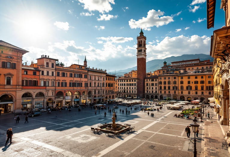 Panorama di Bologna con torri e piatti tipici
