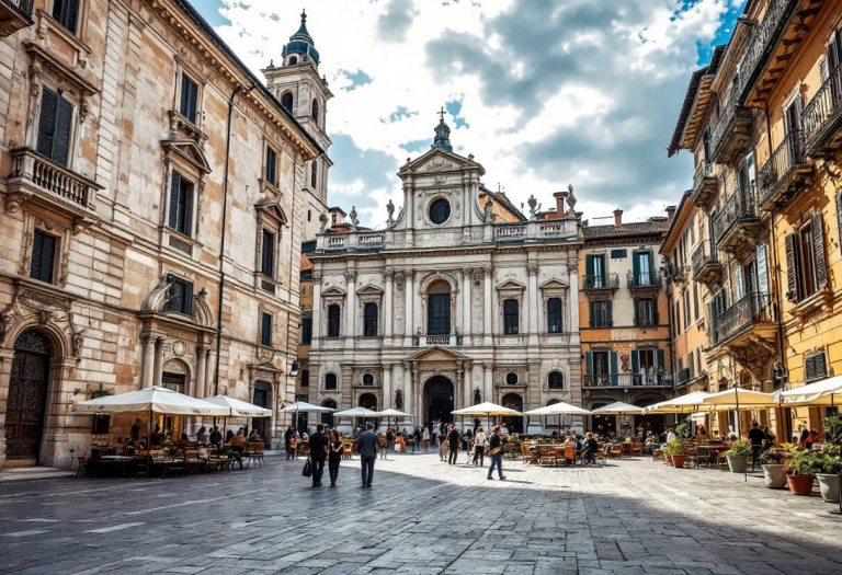 Vista panoramica di Udine con piatti tipici friulani