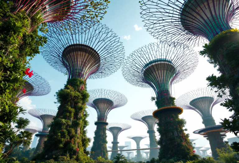 Vista panoramica dei giardini futuristici di Singapore